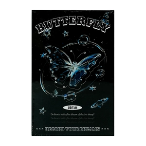 Detail of black butterfly notebook with blue liquid crystals and Record Your Dreams text