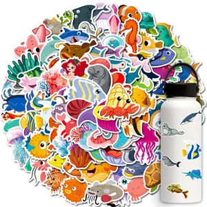 Detailed view of colorful ocean animal stickers applied on a white sports water bottle
