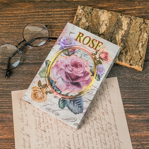 Vintage rose themed tri-fold hard cover notebook with gold ROSE lettering and floral art