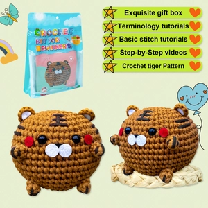 Kit de crochet tigre pour débutants avec fil, outils et poupée tigre terminée
