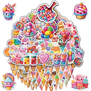 Close-up of vibrant cartoon candy and ice cream waterproof DIY decorative stickers