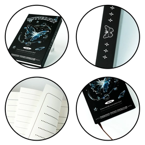 Detail view of tri-fold butterfly notebook showing starry cover and lined inner pages
