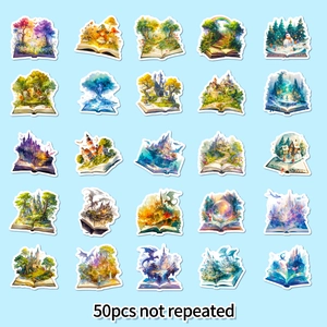 50pcs fantasy magic book cartoon stickers with watercolor castle and forest scenes