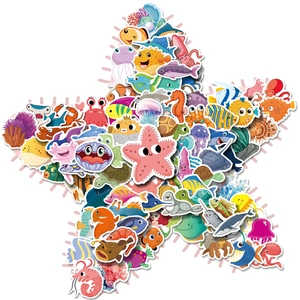 Creative star-shaped layout of colorful ocean stickers featuring sea stars and jellyfish