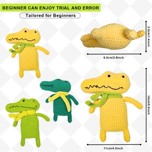 Three crochet alligator dolls in green and yellow with scarves, height 14cm 5.5 inch