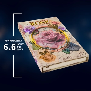 Detail of vintage rose hardcase notebook with gold foil Rose text and 16.8cm height detail