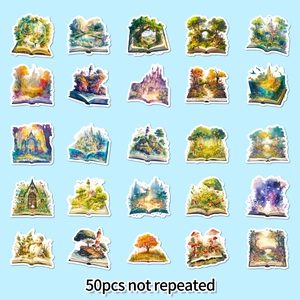 Detailed grid of 50pcs waterproof fantasy book stickers with watercolor castle and forest