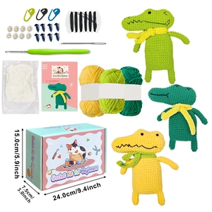 DIY crochet kit for three cute crocodiles with colorful yarn balls and complete tools
