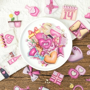 Valentine's Day pink waterproof PVC stickers with heart and love motifs on wood background
