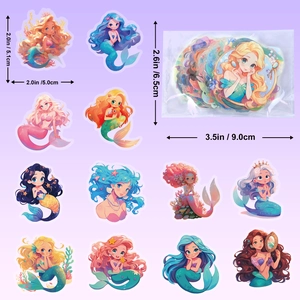 Waterproof cartoon mermaid stickers set with individual dimensions shown on purple background