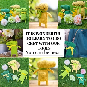 DIY crochet kit featuring three colorful handmade crocodiles as cute room decor ornaments