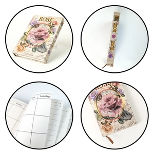 Detail of vintage rose notebook featuring gold ring foil and schedule planning inner pages