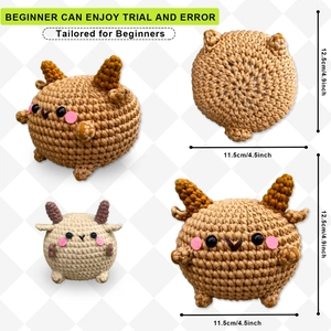 Detail view of handmade crochet sheep plush showing front, side and back dimensions