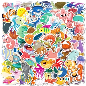 Detailed view of assorted cartoon sea creature stickers including octopus and shark