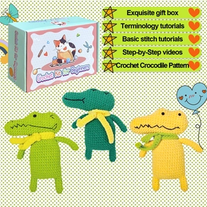 DIY crochet kit for beginners featuring three cute crocodiles with video tutorials and box