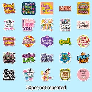 Set van 50 inspirerende Engelse tekststickers met kleurrijke cartoonillustraties