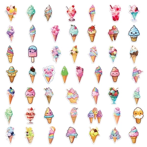 Collection of 100 colorful cartoon ice cream stickers in cute kawaii designs and pastel colors