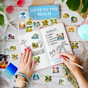 Artistic fantasy magic book stickers spread on summer beach theme props and notebook