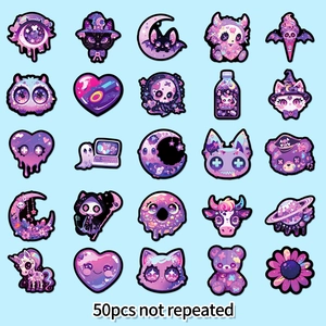 Set of 50 pastel goth graffiti stickers featuring purple skulls, cats, and unicorns