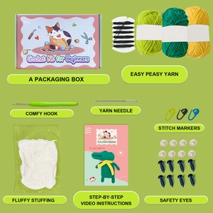 DIY crochet kit for beginners with three green crocodiles, yarn, tools, and guide