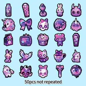 Detailed grid view showing 50 unique purple Kawaii Goth stickers for DIY scrapbooking