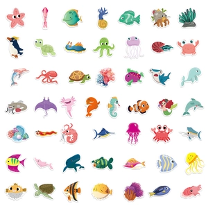 Set of colorful cartoon sea creature stickers featuring dolphins, sharks and starfish