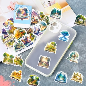 Artistic stickers featuring fantasy castles and forests applied on a clear phone case