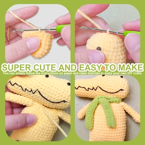 Detail view of DIY crochet kit with yellow yarn and step-by-step tutorial instructions