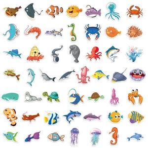 Set of 100 colorful ocean animal stickers featuring sea turtles, sharks and octopuses