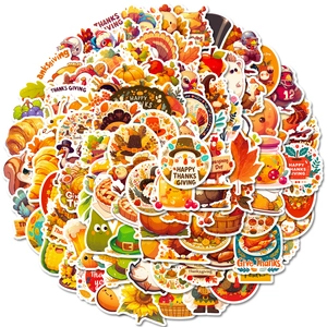 Detailed view of colorful Thanksgiving stickers featuring turkey, pumpkin, and autumn leaves