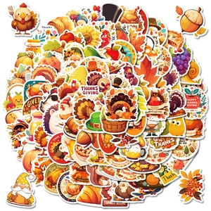 Stack of colorful Thanksgiving stickers with turkey and pumpkin designs on white background