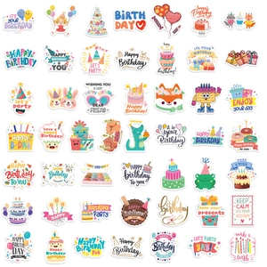 Pack de 56 pegatinas de cumpleaños coloridas con tartas, globos y animales lindos