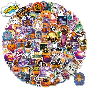 Detailed view of 100pcs waterproof Halloween stickers featuring pumpkins and ghosts
