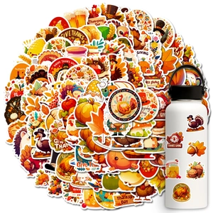 Detail of Thanksgiving turkey and pumpkin stickers applied on a white water bottle