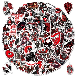Detailed view of assorted dark gothic waterproof stickers featuring red and black skulls