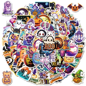 Close-up of assorted waterproof Halloween stickers with pumpkins and ghost patterns