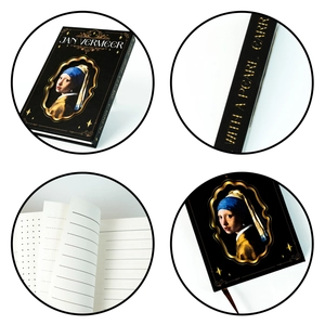 Close-up of Girl with a Pearl Earring notebook featuring gold foil accents and inner pages