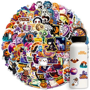 Waterproof Halloween stickers featuring pumpkins and ghosts applied on a white water bottle