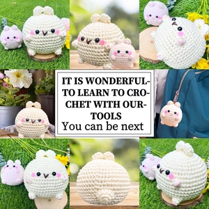 Detail view of DIY crochet bunny plushies kits for keychains on various backgrounds