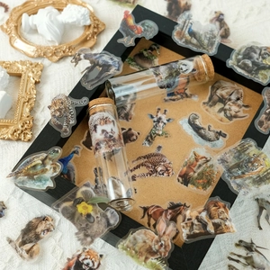 Artistieke lay-out van transparante dierenstickers met glazen buisjes op houten achtergrond