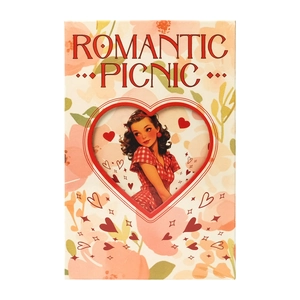 Detail of hardcase notebook cover with heart-shaped cutout and Romantic Picnic floral design