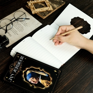 Vintage Girl with a Pearl Earring hardcover notebook with lined pages and gold text