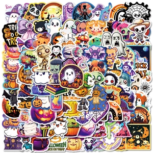 Waterproof Halloween sticker set featuring cartoon pumpkins, ghosts, and bats on white background