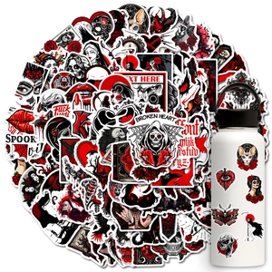 Gothic red and black stickers applied on a white stainless steel water bottle surface