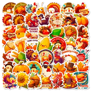 Flat lay of assorted Thanksgiving stickers with turkeys, pumpkins, and autumn maple leaves