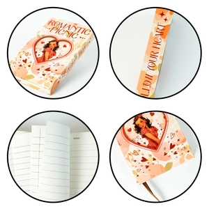 Macro details of Romantic Picnic hardback notebook featuring lined pages and heart window