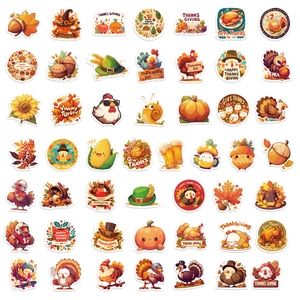Pack of 100 colorful Thanksgiving cartoon stickers with turkey and pumpkin designs