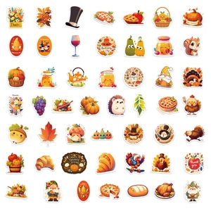 Pack of 50 Thanksgiving graffiti stickers featuring turkey and pumpkin designs for DIY decor