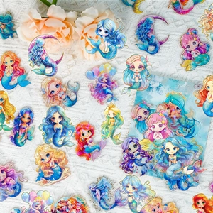 Cute Mermaid Waterproof Transparent PET Stickers Laser Gold Foil Decorative Hand Drawn Journaling Decals For Kids Girls Stationery DIY