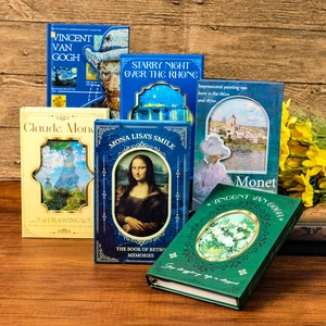 Detail of oil painting notebook covers with gold foil borders and classic art masterpieces